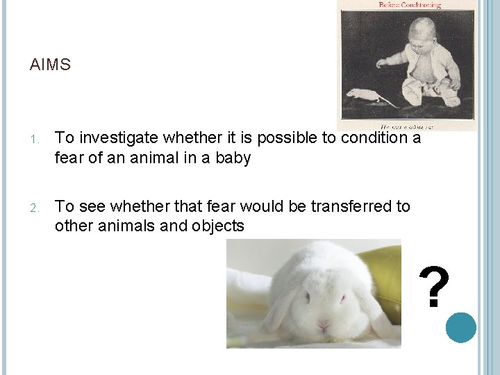 AIMS 1. To investigate whether it is possible to condition a fear of an