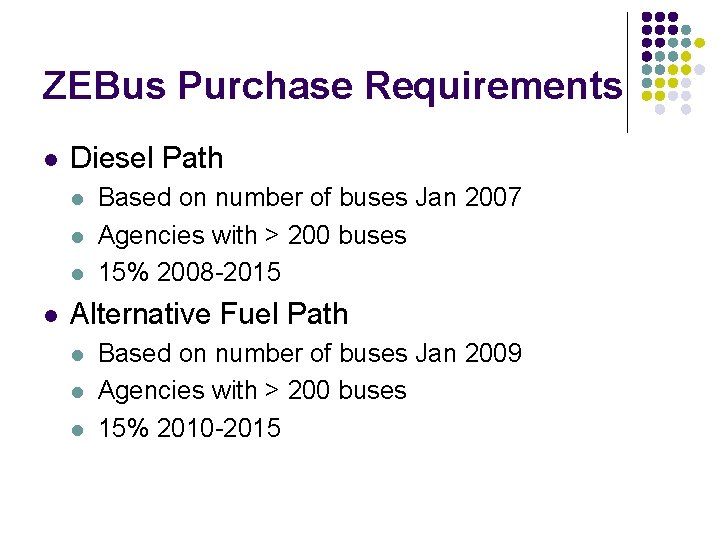 ZEBus Purchase Requirements l Diesel Path l l Based on number of buses Jan