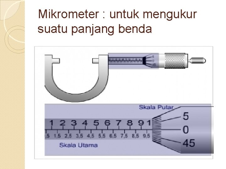 Mikrometer : untuk mengukur suatu panjang benda 