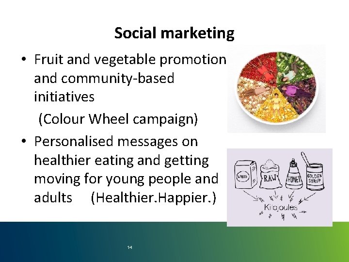 Social marketing • Fruit and vegetable promotion and community-based initiatives (Colour Wheel campaign) •