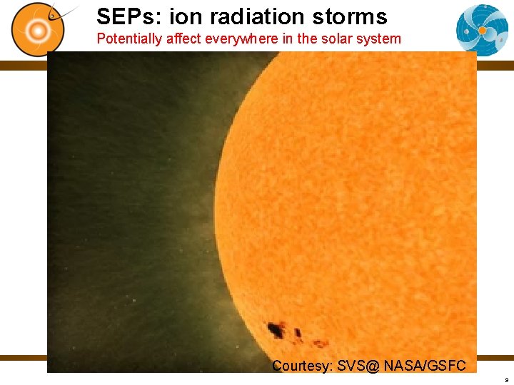 SEPs: ion radiation storms Potentially affect everywhere in the solar system Courtesy: SVS@ NASA/GSFC