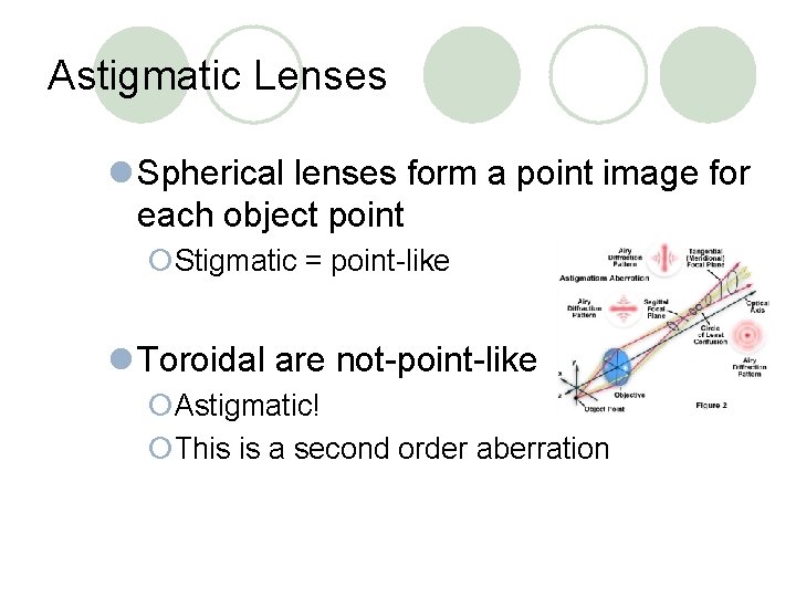 Astigmatic Lenses l Spherical lenses form a point image for each object point ¡Stigmatic