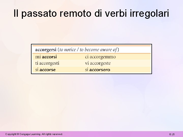 Il passato remoto di verbi irregolari Copyright © Cengage Learning. All rights reserved. 6|5