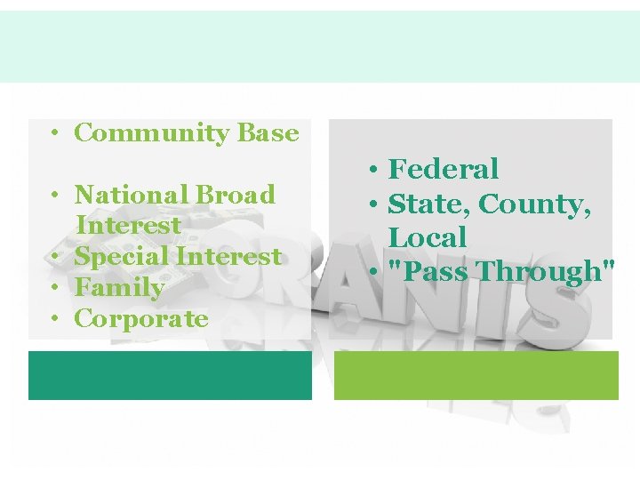  • Community Base • National Broad Interest • Special Interest • Family •