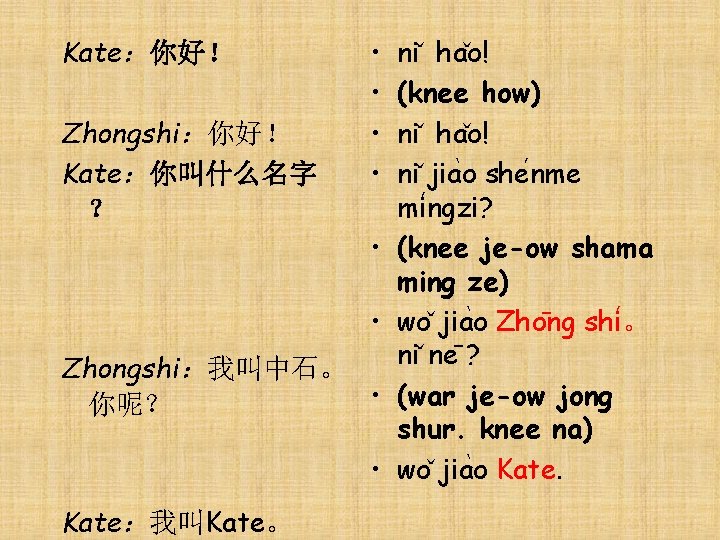 Kate：你好！ Zhongshi：你好！ Kate：你叫什么名字 ？ • • • Zhongshi：我叫中石。 • 你呢？ • Kate：我叫Kate。 ni ha