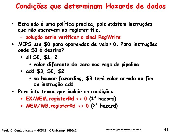 Condições que determinam Hazards de dados • Esta não é uma política precisa, pois