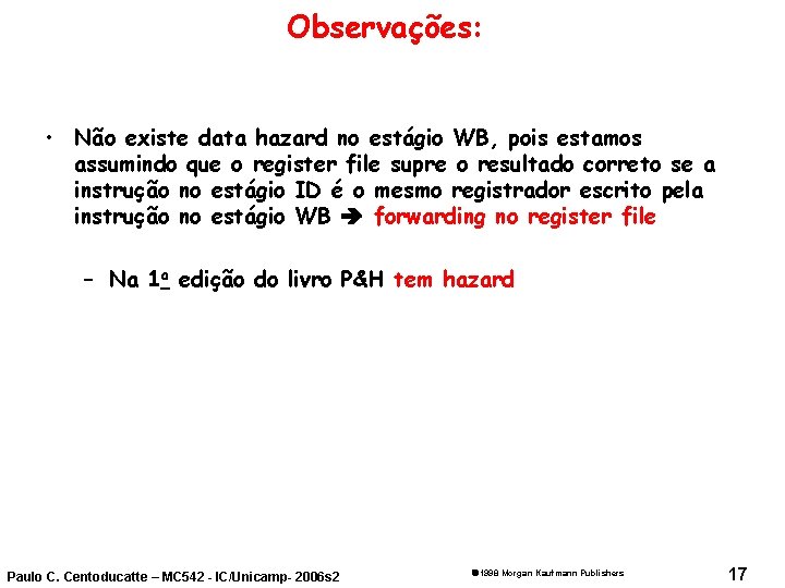 Observações: • Não existe data hazard no estágio WB, pois estamos assumindo que o