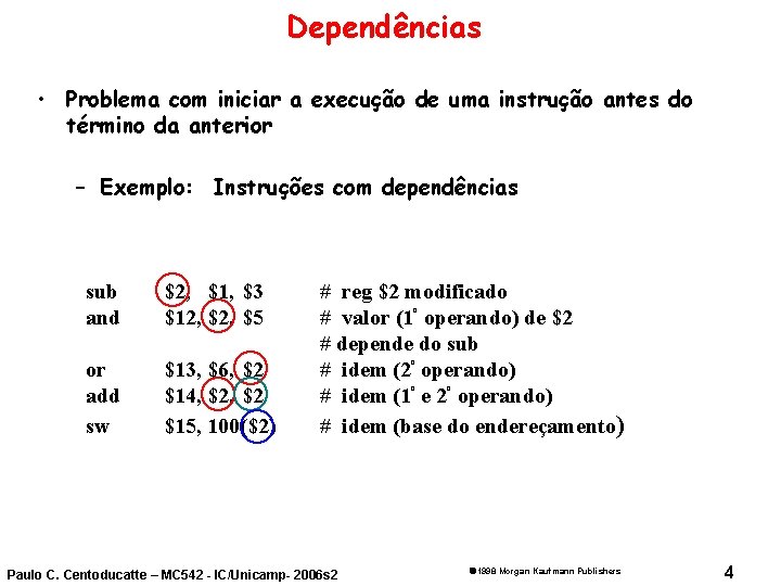 Dependências • Problema com iniciar a execução de uma instrução antes do término da