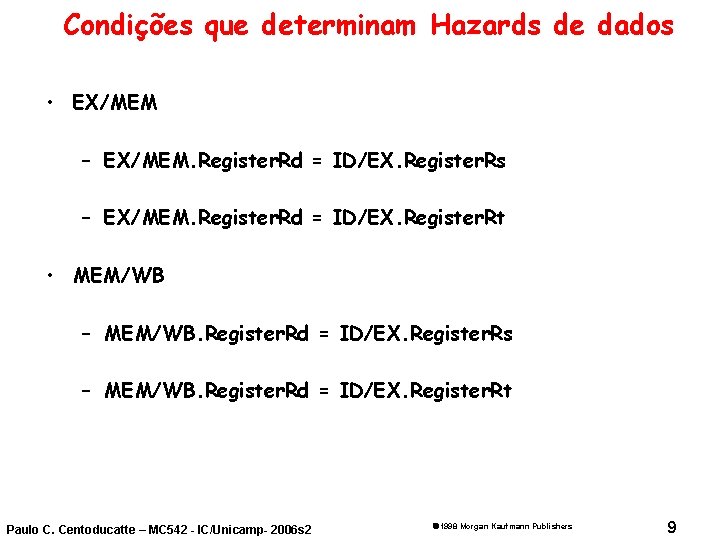 Condições que determinam Hazards de dados • EX/MEM – EX/MEM. Register. Rd = ID/EX.