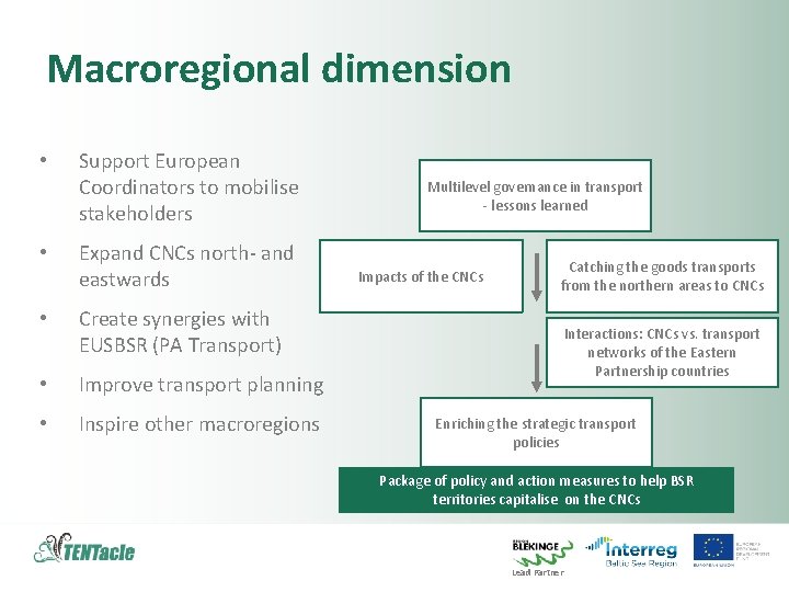 Macroregional dimension • • Support European Coordinators to mobilise stakeholders Expand CNCs north- and