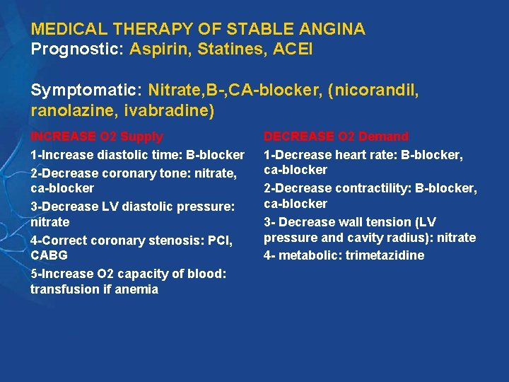 MEDICAL THERAPY OF STABLE ANGINA Prognostic: Aspirin, Statines, ACEI Symptomatic: Nitrate, B-, CA-blocker, (nicorandil, MEDICAL THERAPY OF STABLE ANGINA Prognostic: Aspirin, Statines, ACEI Symptomatic: Nitrate, B-, CA-blocker, (nicorandil,