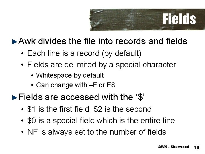 Fields Awk divides the file into records and fields • Each line is a