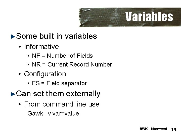 Variables Some built in variables • Informative • NF = Number of Fields •