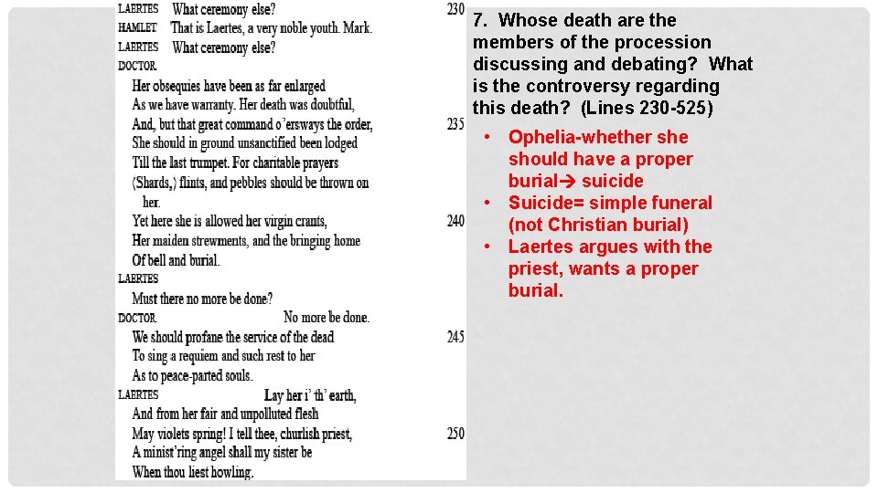 7. Whose death are the members of the procession discussing and debating? What is