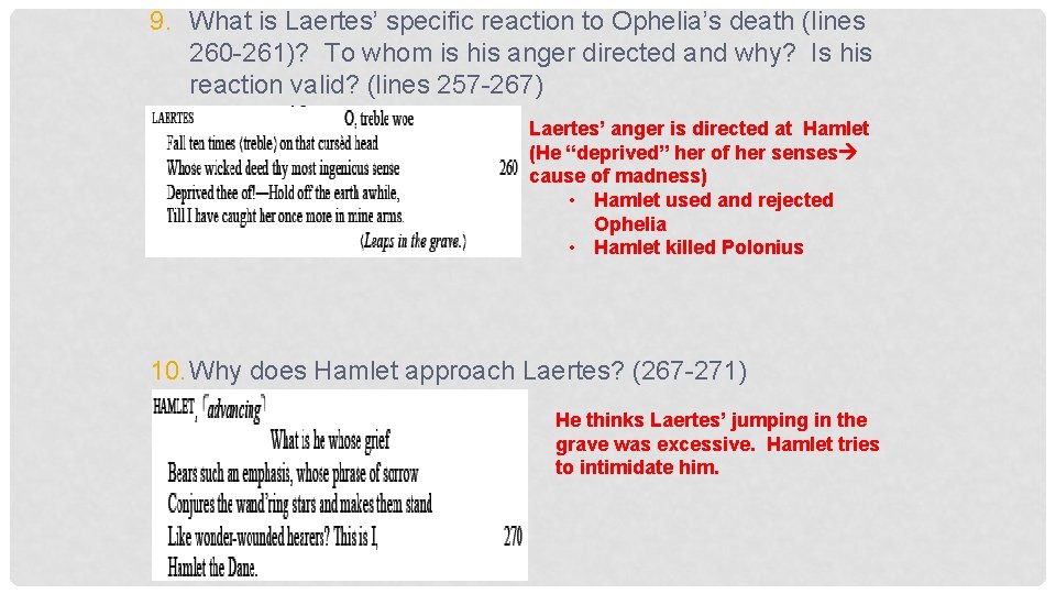 9. What is Laertes’ specific reaction to Ophelia’s death (lines 260 -261)? To whom