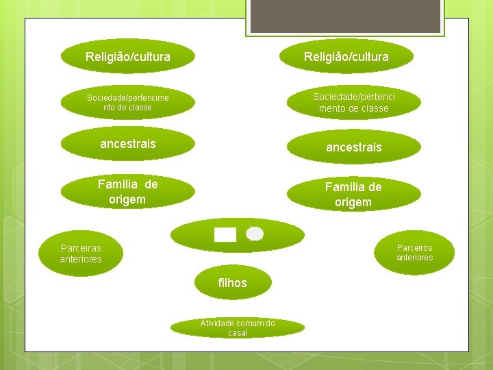 Religião/cultura Sociedade/pertencime nto de classe Sociedade/pertenci mento de classe ancestrais Familia de origem Parceiras