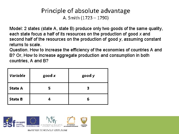 Principle of absolute advantage A. Smith (1723 – 1790) Model: 2 states (state A,