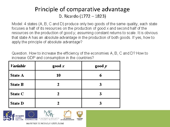 Principle of comparative advantage D. Ricardo (1772 – 1823) Model: 4 states (A, B,