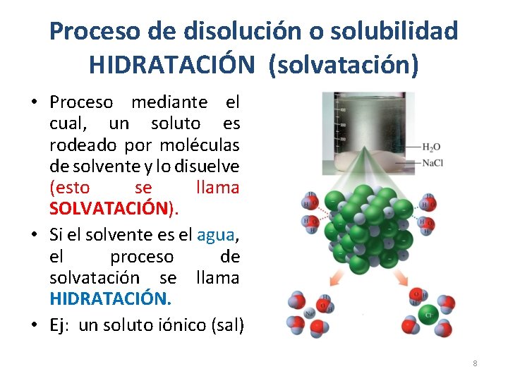 Proceso de disolución o solubilidad HIDRATACIÓN (solvatación) • Proceso mediante el cual, un soluto