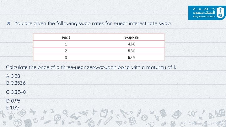 ✘ You are given the following swap rates for t-year interest rate swap: Calculate