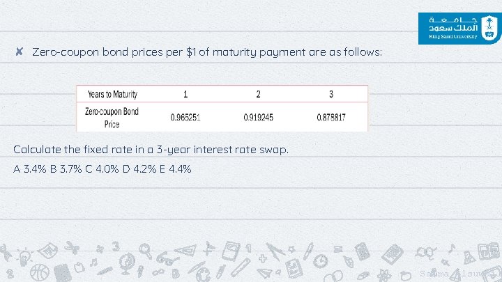 ✘ Zero-coupon bond prices per $1 of maturity payment are as follows: Calculate the