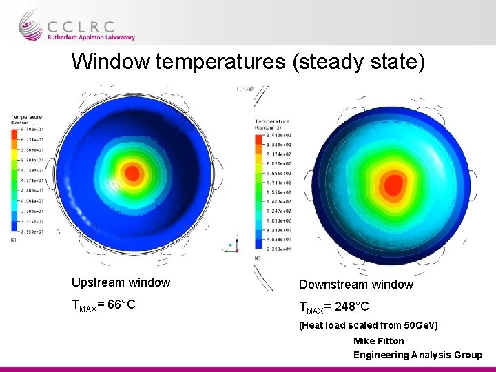 Window temperatures (steady state) Upstream window Downstream window TMAX= 66°C TMAX= 248°C (Heat load Window temperatures (steady state) Upstream window Downstream window TMAX= 66°C TMAX= 248°C (Heat load