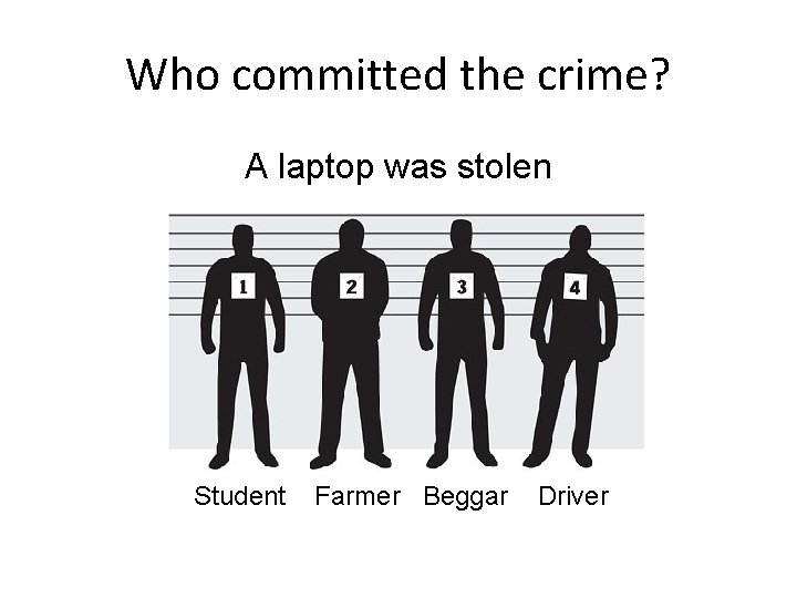 Who committed the crime? A laptop was stolen Student Farmer Beggar Driver 