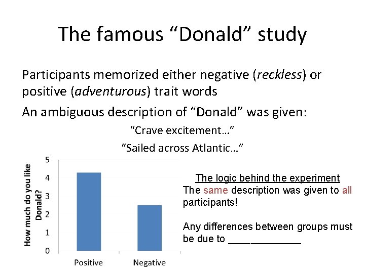 The famous “Donald” study Participants memorized either negative (reckless) or positive (adventurous) trait words