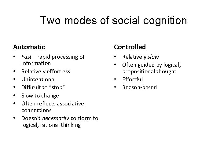 Two modes of social cognition Automatic Controlled • Fast—rapid processing of information • Relatively