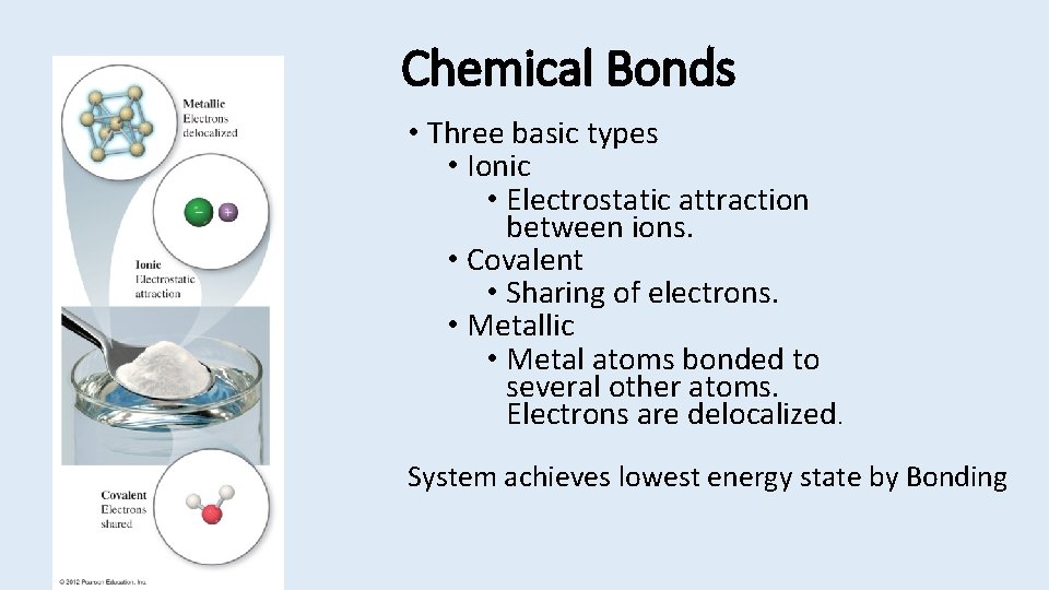 Chemical Bonds • Three basic types • Ionic • Electrostatic attraction between ions. •