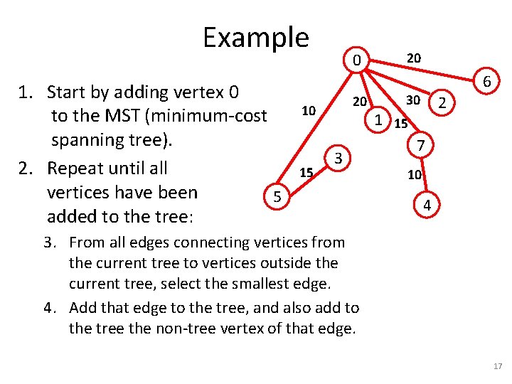 Example 1. Start by adding vertex 0 to the MST (minimum-cost spanning tree). 2.