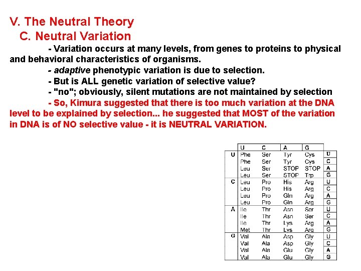 V. The Neutral Theory C. Neutral Variation - Variation occurs at many levels, from