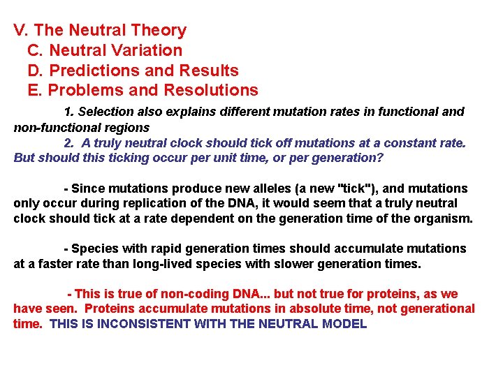 V. The Neutral Theory C. Neutral Variation D. Predictions and Results E. Problems and