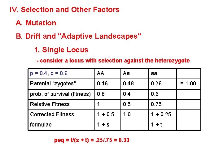 IV. Selection and Other Factors A. Mutation B. Drift and "Adaptive Landscapes" 1. Single