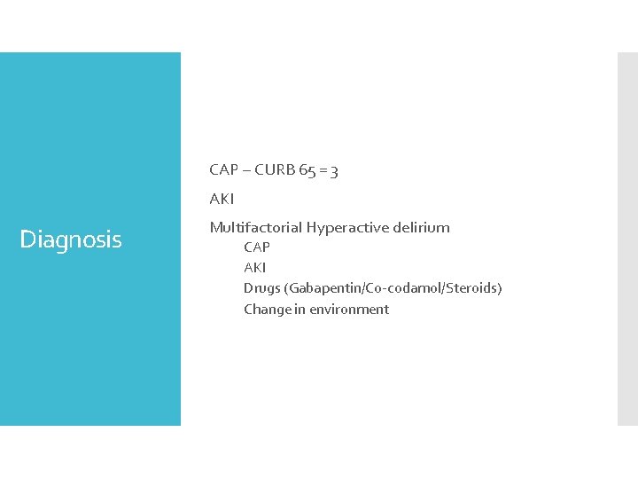 CAP – CURB 65 = 3 AKI Diagnosis Multifactorial Hyperactive delirium CAP AKI Drugs