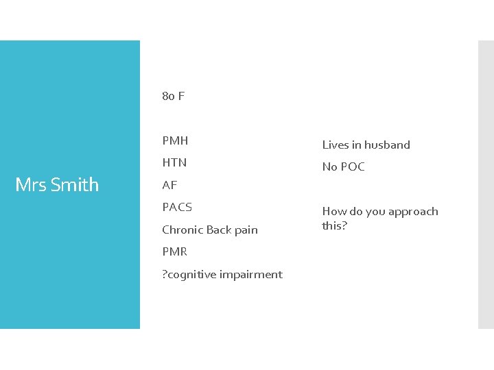 80 F Mrs Smith PMH Lives in husband HTN No POC AF PACS Chronic