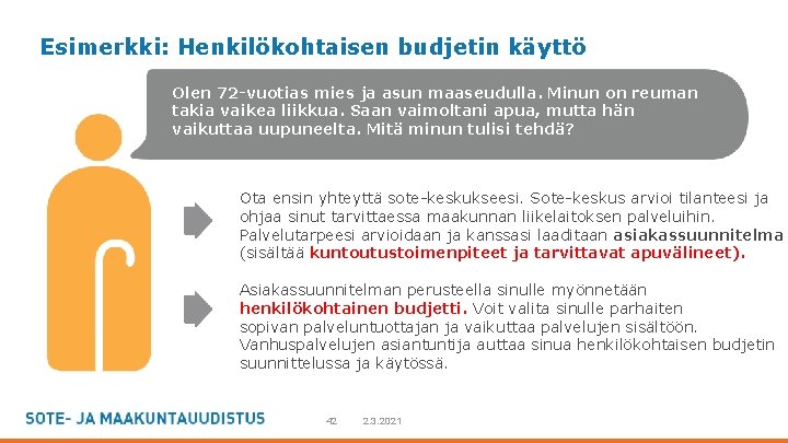 Esimerkki: Henkilökohtaisen budjetin käyttö Olen 72 -vuotias mies ja asun maaseudulla. Minun on reuman