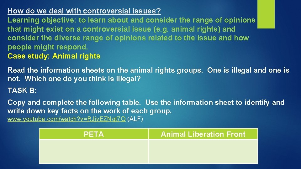 How do we deal with controversial issues? Learning objective: to learn about and consider