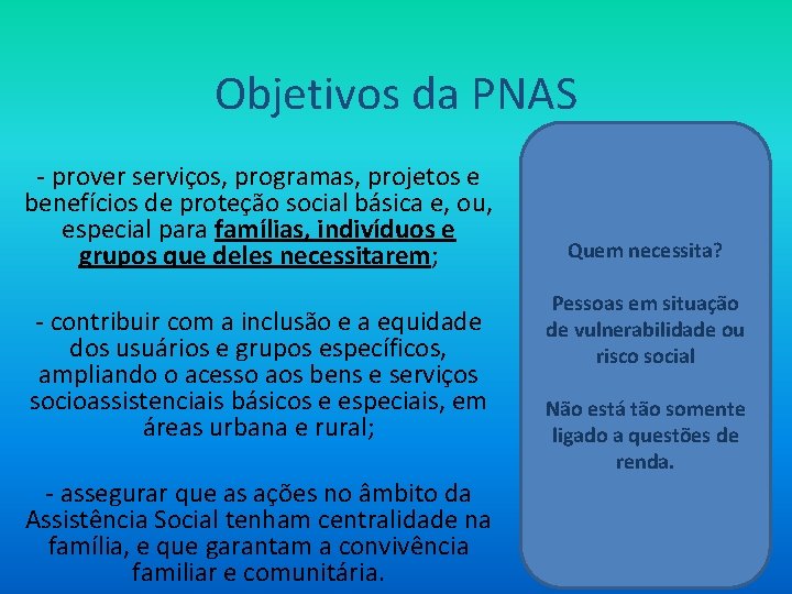 Objetivos da PNAS - prover serviços, programas, projetos e benefícios de proteção social básica