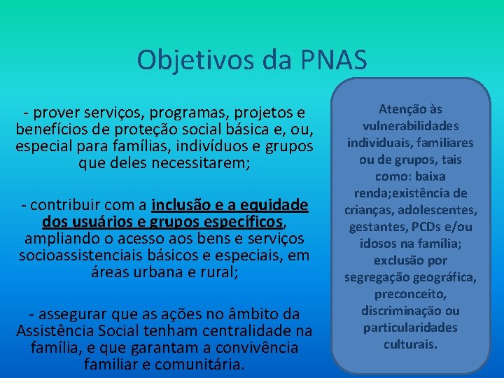 Objetivos da PNAS - prover serviços, programas, projetos e benefícios de proteção social básica