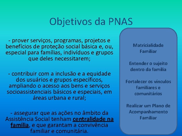 Objetivos da PNAS - prover serviços, programas, projetos e benefícios de proteção social básica