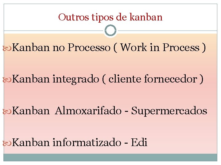 Outros tipos de kanban Kanban no Processo ( Work in Process ) Kanban integrado