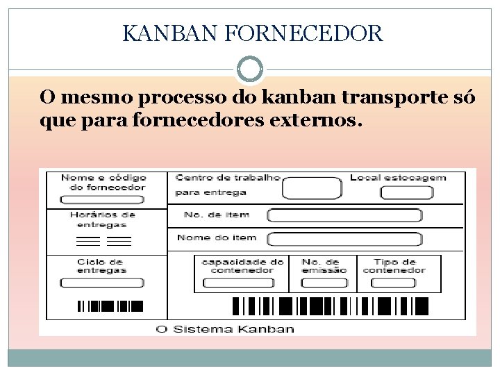 KANBAN FORNECEDOR O mesmo processo do kanban transporte só que para fornecedores externos. 