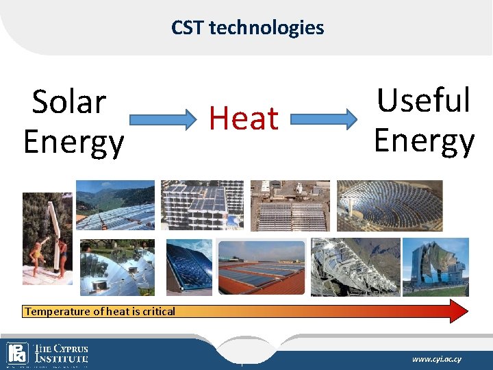 CST technologies Solar Energy Heat Useful Energy Temperature of heat is critical The Cyprus