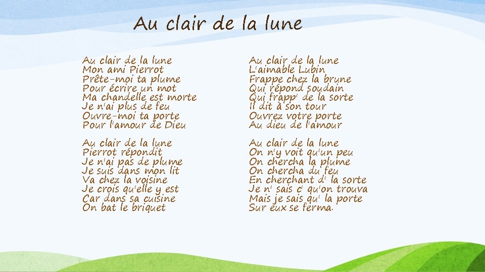Au clair de la lune Mon ami Pierrot Prête-moi ta plume Pour écrire un