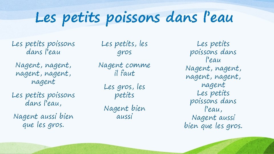 Les petits poissons dans l’eau Les petits, les gros Nagent, nagent, nagent Nagent comme