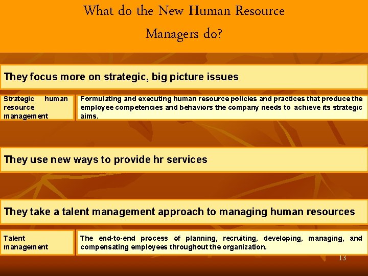 What do the New Human Resource Managers do? They focus more on strategic, big