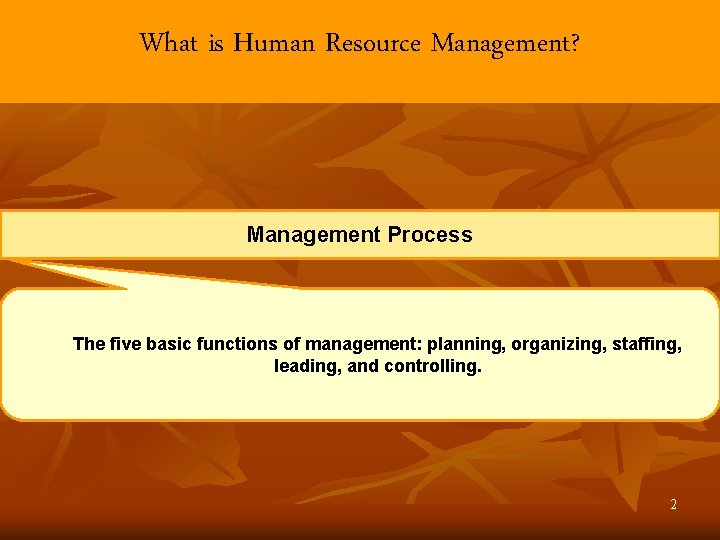 What is Human Resource Management? Management Process The five basic functions of management: planning,