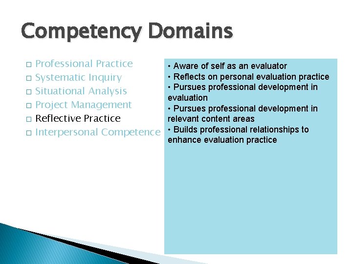Competency Domains � � � Professional Practice Systematic Inquiry Situational Analysis Project Management Reflective