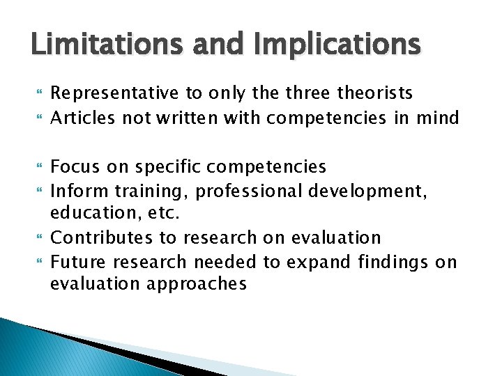 Limitations and Implications Representative to only the three theorists Articles not written with competencies